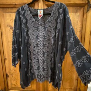 Johnny Was Grey on Black Embroidered Top - XL